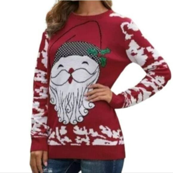 Womens Size M Red Pullover Christmas Ugly Sweater Santa Snowflakes Print Knit - Picture 6 of 7